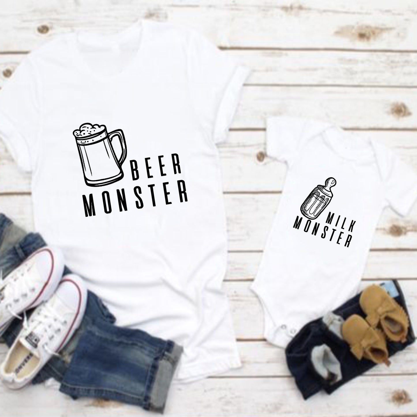 Camisetas papá e hijo Beer Moster, Milk Moster