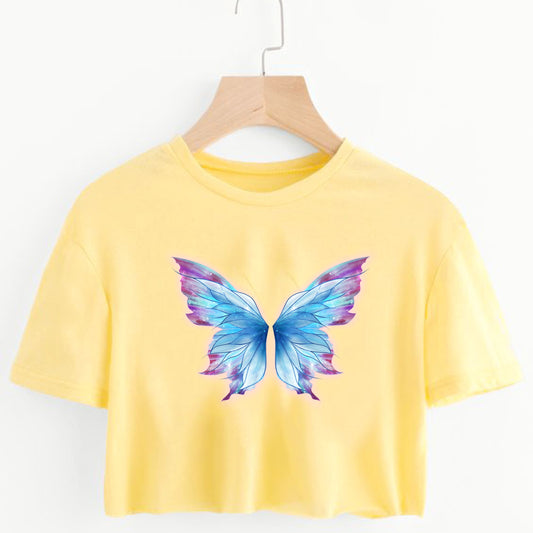 Camiseta corta para mujer mariposa amarilla